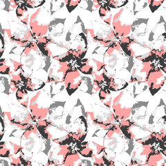 Gray and pink floral vector seamless pattern. Silhouette of flowers with leaves on white background. Template for textile, wallpaper, print, web, carton, banner, ceramic tile, clothing.
