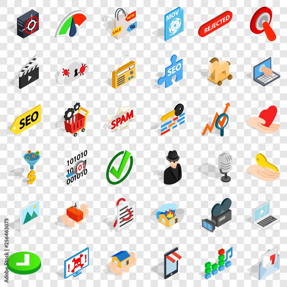 Poster cyber security icons set. isometric style of 36 cyber security vector icons for web for any design