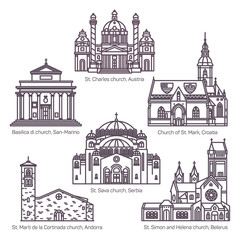 Set of isolated religion churches in thin line