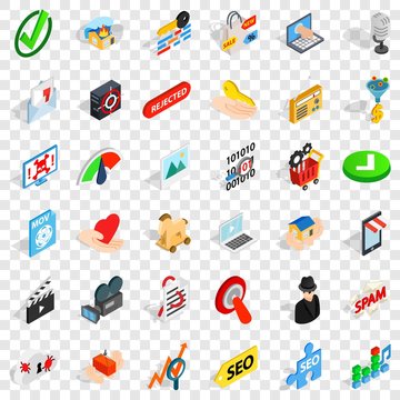 Spam letter icons set. Isometric style of 36 spam letter vector icons for web for any design