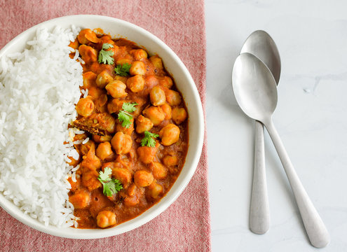 Vegan Food - Chickpea Curry with Rice, Healthy Eating, Indian Food, Indian Cuisine - Top View Photo.