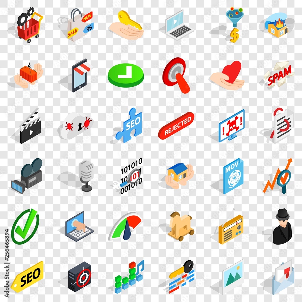 Poster computer protection icons set. isometric style of 36 computer protection vector icons for web for an