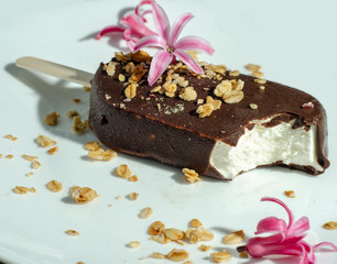  Eskimo. Sundae in chocolate. Ice cream on a stick. Ice cream decorated with flower and flakes.