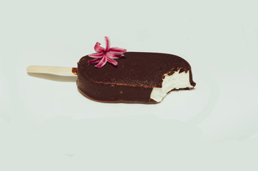 Eskimo. Sundae in chocolate. Ice cream on a stick. Ice cream decorated with flower and flakes.
