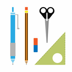 Fototapeta na wymiar Set of pen, pencil, eraser, triangular ruler, scissors. Vector illustration.
