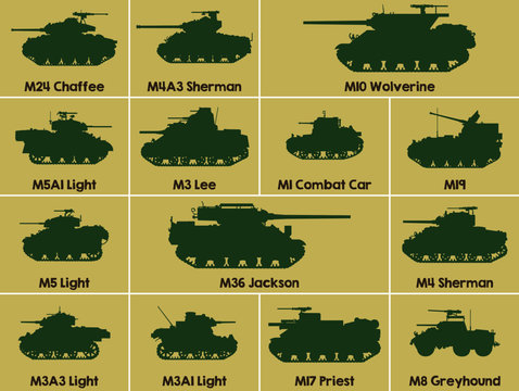 Different set military icons of american tanks
