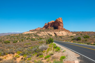 Mesa and Butte landscape at Devils Garden in Arches National Park, Moab, Utah, USA.