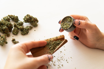 Cannabis use concept. Close up of marijuana blunt with grinder. Woman rolling a marijuana blunt on...
