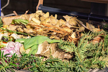 View into a bio container with various organic wastes for recycling.