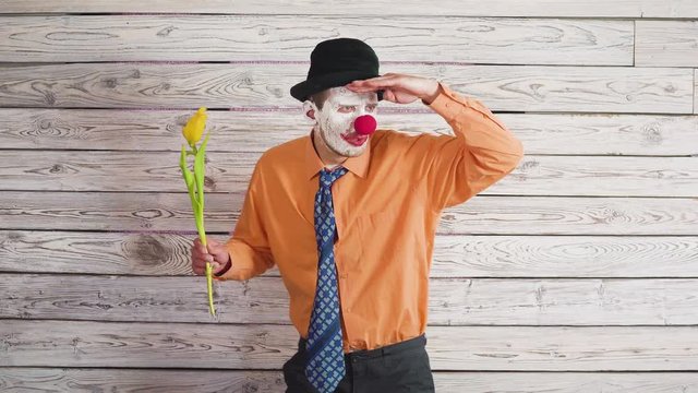 Clown with tulip flowers in funny concept. Man in love on a date Waiting for your sweetheart