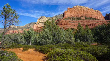 Sedona Red Rocks in Arizona with Beautiful Blue Skies with Clouds and Cactus