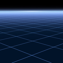 Abstract background with perspective. Digital futuristic design. Grid neon surface with blue glowing effect.