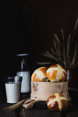 classic English Easter hot cross buns with dried fruits