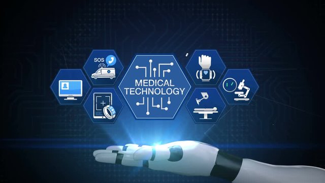 'MEDICAL TECHNOLOGY' and various future medical vector hexagon icon on Robot arm. 4k animation.