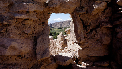 Volcano View through the Ruins of an Ancient Village through the Valleys of Peru in South America