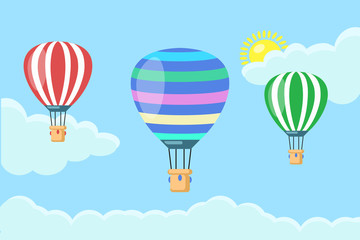 Hot air balloon in the sky with clouds isolated on blue background. Set of aerospace with basket. Flat cartoon design. Vector illustration.