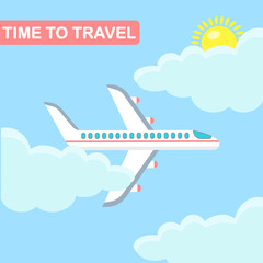 Airplane in sky isolated on background. Plane flight. Time to travel. Aviation, tourism concept. Vector flat illustration