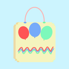 Shopping paper bag with air balls isolated on blue background. Gift, present, box for shopper. Vector flat illustration, icon.