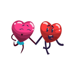 Cute happy red and pink hearts characters running with holding hands, funny couple in love. Happy Valentines Day concept cartoon vector Illustration
