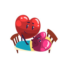 Cute red and pink hearts characters lying in the bed, funny couple in love. Happy Valentines Day concept cartoon vector Illustration