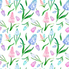 Watercolor spring floral seamless pattern with blue and pink muscari flowers on white background. Handpainted botanical illustration in pastel color for Easter cards,mother's day, textile, design