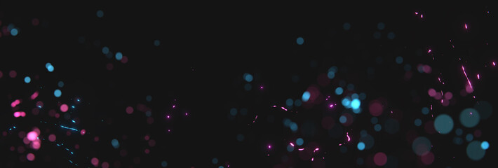 blurred magenta and cyan sparks from neon lights in front of black backgound - obrazy, fototapety, plakaty