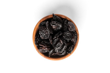 Dried prunes isolated on white background.