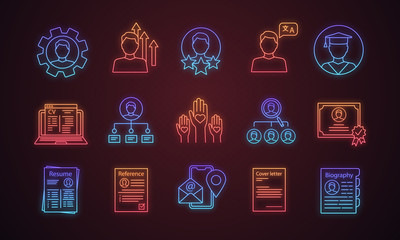 Resume neon light icons set