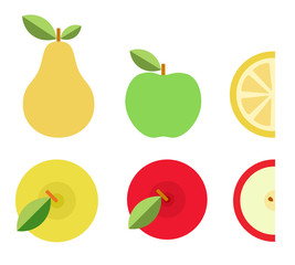 Colorful fruits and their pieces vector icon flat isolated