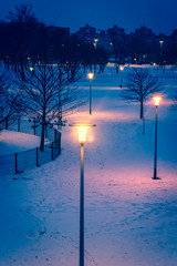 Illuminated street lamps in a public park in snow at dusk, Zagreb, Croatia