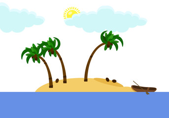 Tropical bounty island with palm trees and coconuts isolated on white background. Beach and sea, ocean. Fishing, sailing boat, ship. Vector flat illustration.