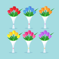 Bouquet set of red tulip, roses, bunch of flowers isolated on background. Happy woman day, 8 march, birthday, wedding concept. Gift, present, surprise for mothers. Spring holiday. Vector flat design