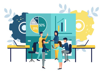 Work in the office. Men and women take part in business meetings, negotiations, brainstorming sessions, talk with each other. Colorful vector illustration in flat cartoon style