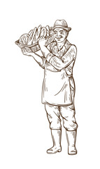 Farmer man with a basket of bread. In a hat, boots and shirt. Rural portrait. Harvesting. Bakery shop. Natural products.