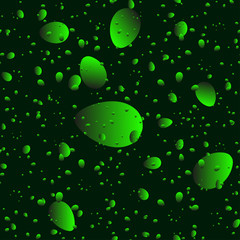 Large green drops and petals on a dark background in nacre.