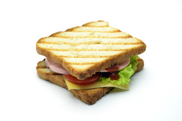 Ham and salad sandwich on white background