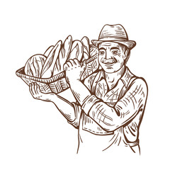  Farm man with a basket of bread. In a hat and shirt. Rural portrait. Harvesting. Baking shop. Natural products.