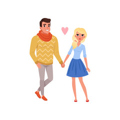 Young man and blonde beautiful woman characters holding hands, happy romantic couple in love cartoon vector Illustration