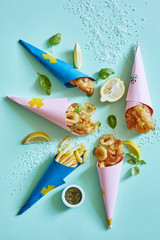 Fast food in a party mood on a blue background.