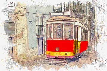 Watercolor sketch or illustration of a traditional red tram riding a city street in Lisbon in Portugal