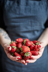 Handfull off strawberries on gray background