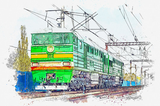 Watercolor sketch or illustration of modern passenger train. Transportation of people or passengers by train