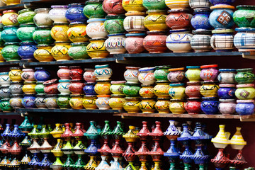 Traditional arabic handcrafted, colorful decorated plates at the market in Marrakesh, Morocco, Africa