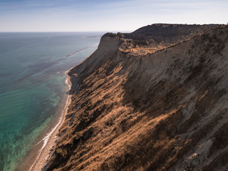 Aerial view of the cliff overlooking the Adriatic sea that from Pesaro leads to Gabicce along the San Bartolo park