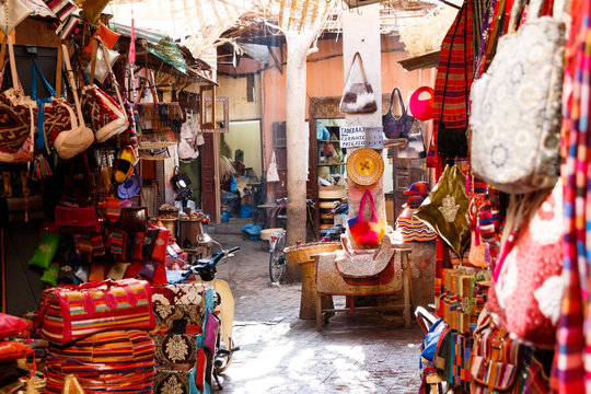 Traditional arabic busy and colorful bazaar market in Marrakesh, Morocco, Africa