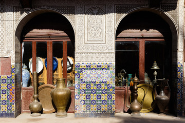 Traditional arabic busy and colorful bazaar market in Marrakesh, Morocco, Africa