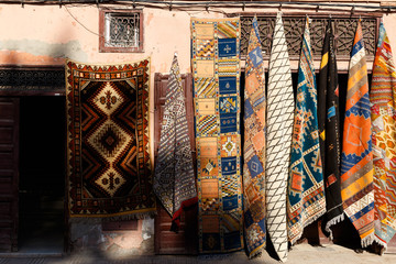 Traditional arabic busy and colorful bazaar market in Marrakesh, Morocco, Africa