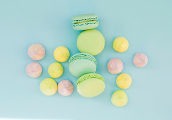 Cake macaron or macaroon from above, colorful almond cookies, pastel colors.