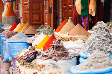 Diversity of colorful spices on a bazaar market in Marrakesh Morocco