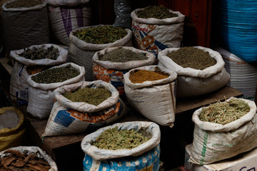 Diversity of colorful spices on a bazaar market in Marrakesh Morocco
